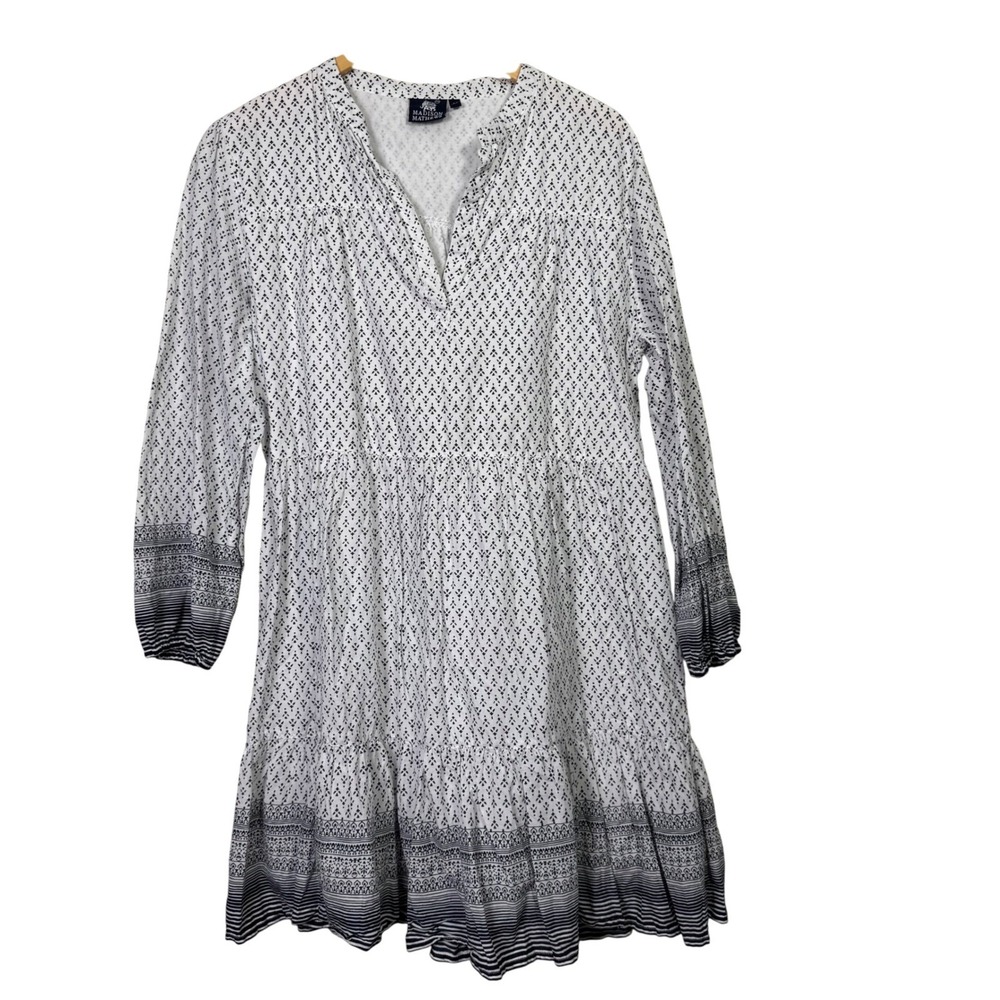 Madison Mathews Womens Dress Large White Navy Print Tiered Ruffle Long Sleeve